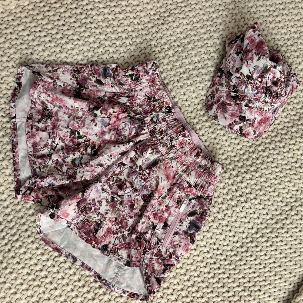 Lululemon Floral Pink and White Shorts and Cap set